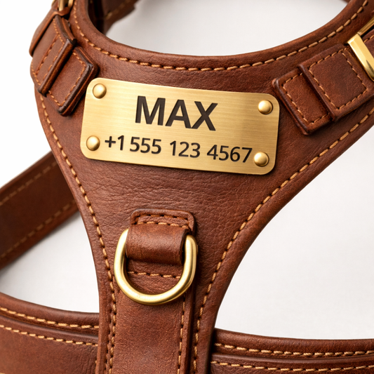 Brown leather dog harness with a gold nameplate labeled 'MAX' and phone number.