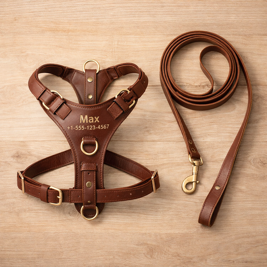 Brown leather dog harness and leash set on a wooden surface