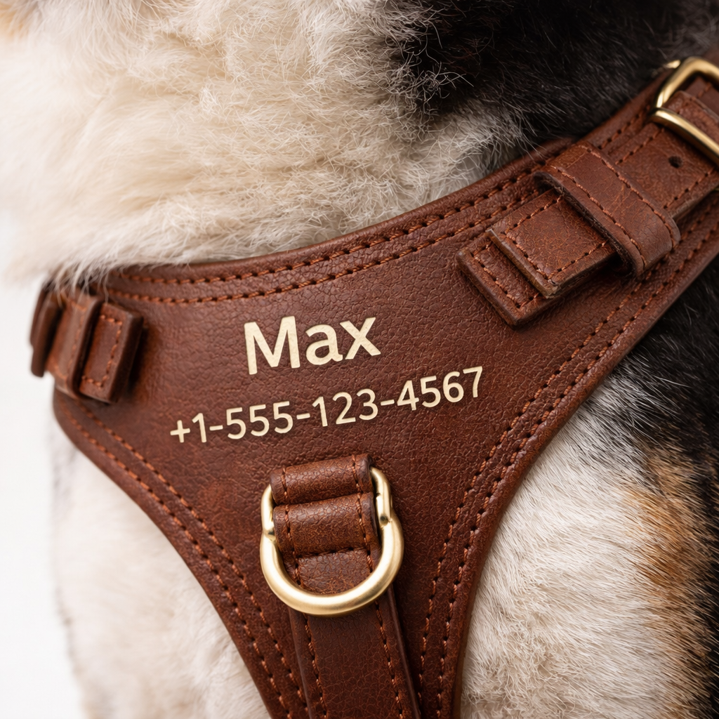 Brown dog harness with 'Max' and phone number engraved on a dog wearing it.