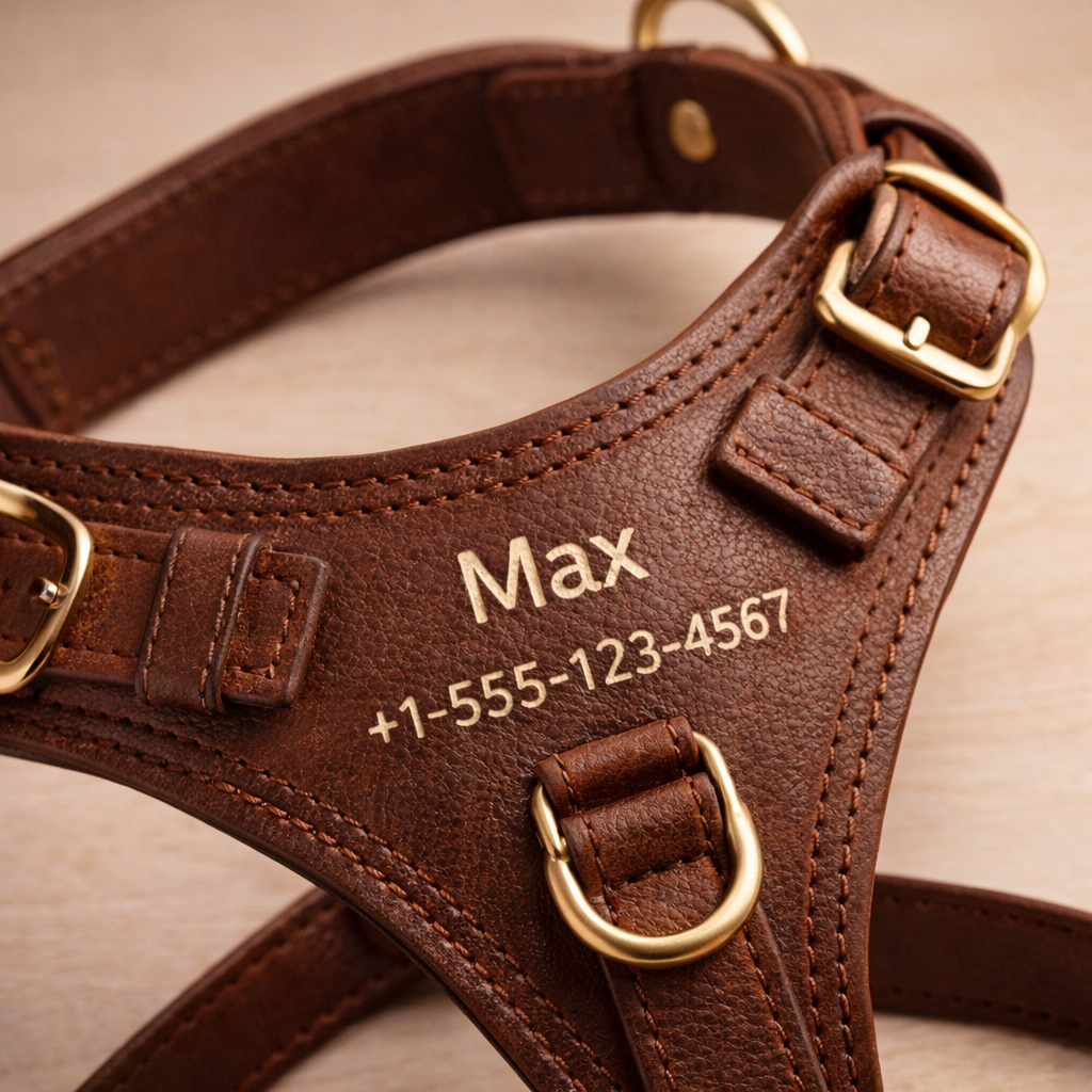 Brown leather dog harness with gold hardware and engraved name and contact information on a beige background.