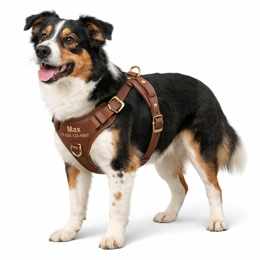 Dog wearing a brown harness with personalized text on a white background