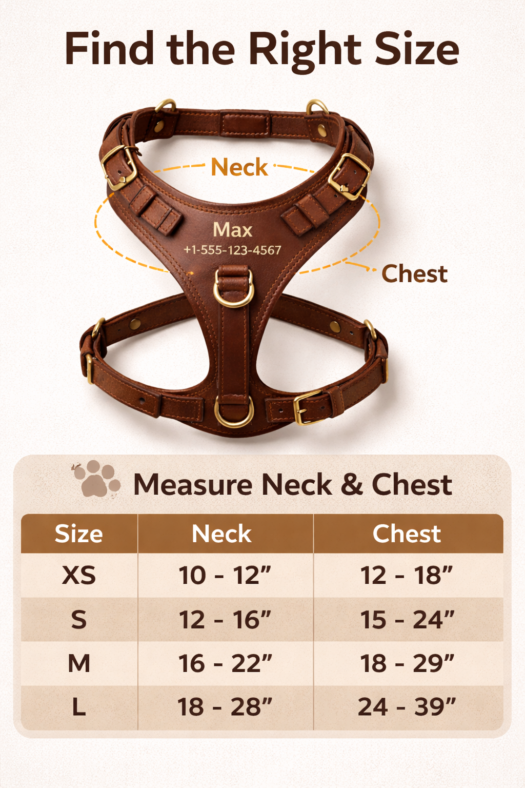 Brown dog harness with size chart for neck and chest measurements on a white background
