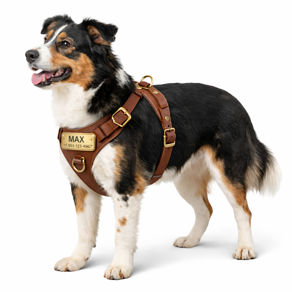 Dog wearing a brown harness with a gold tag on a white background
