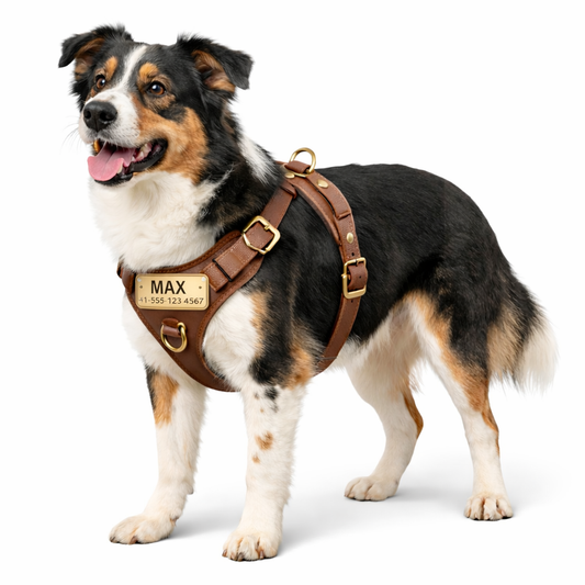 Dog wearing a brown leather harness with a gold nameplate on a white background